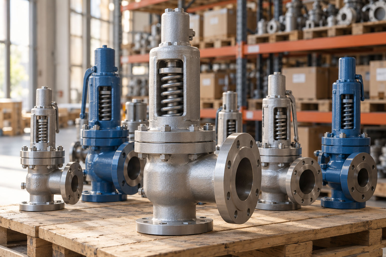 Industrial safety and relief valves arranged in a warehouse