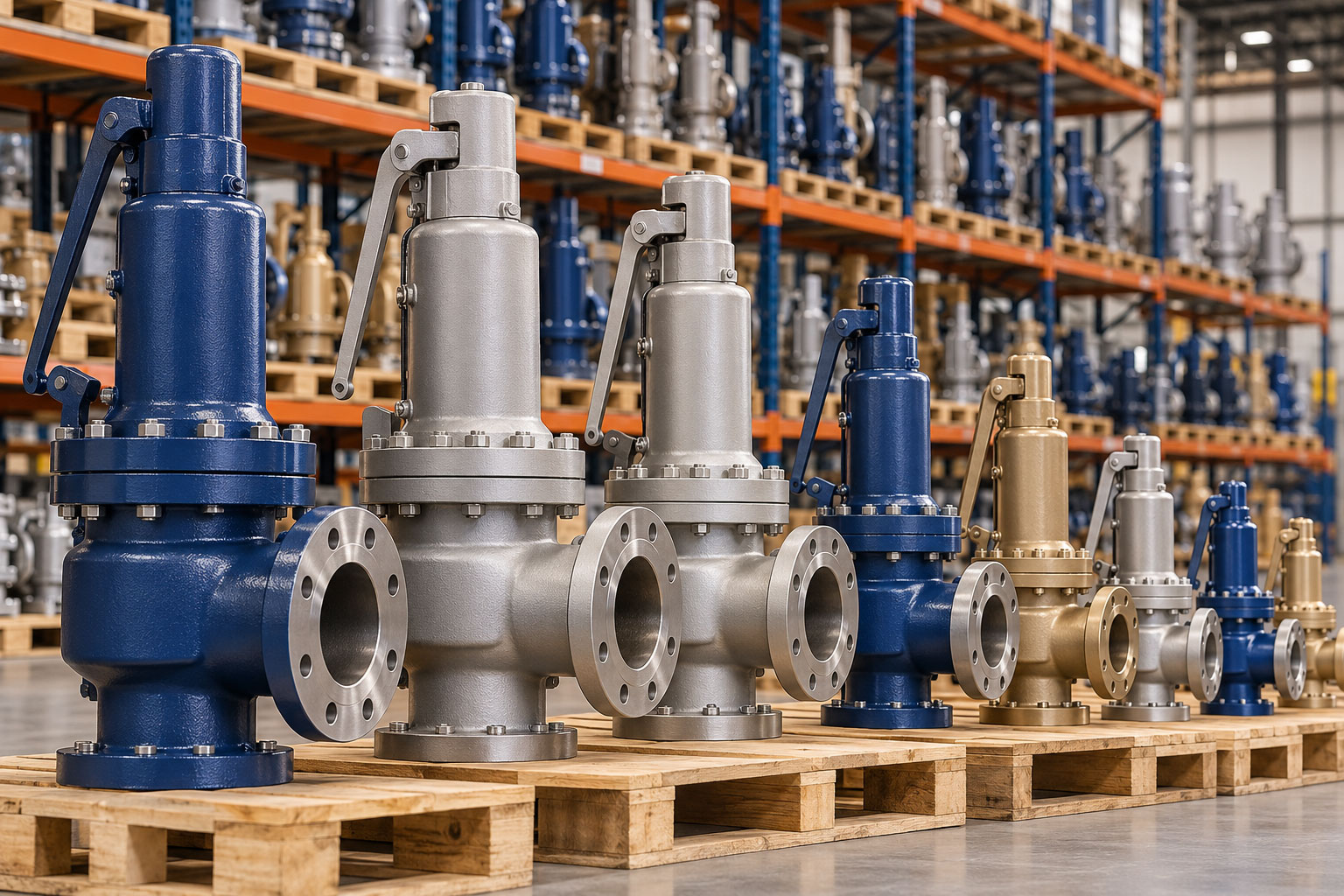 Replacement safety and relief valves arranged in a supply warehouse