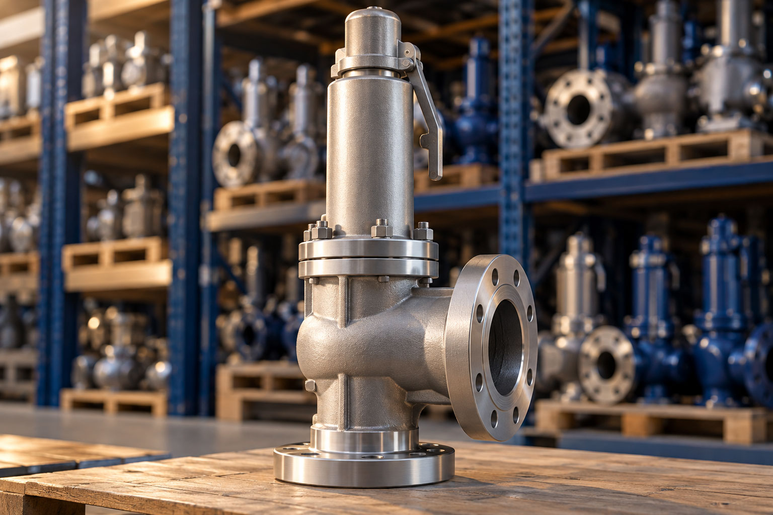 New safety relief valve displayed in an industrial valve warehouse