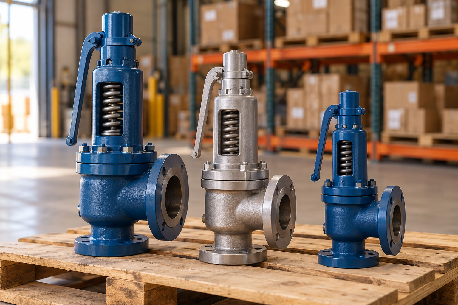 Blue and silver replacement valves arranged on a warehouse pallet