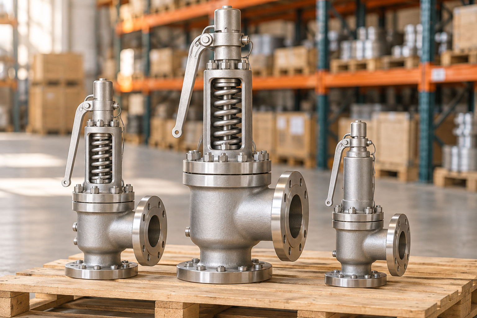 Three silver industrial safety and relief valves on a warehouse pallet