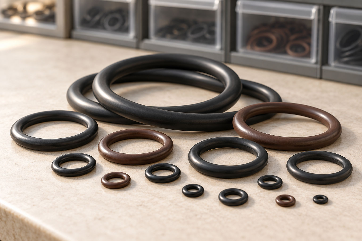 Assorted industrial O-rings in multiple sizes arranged on a work surface